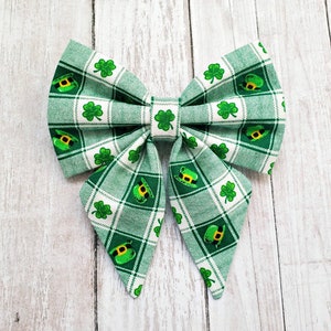 St. Patrick's Day dog sailor bow • Green and white plaid dog sailor bow with shamrocks & leprechaun hats • St Patrick's Day girl dog bows