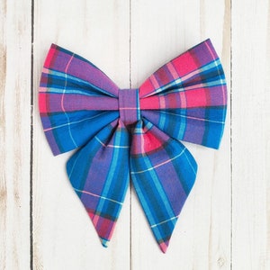Plaid sailor bow for dog collar • Bright blue and pink plaid bow for girl dog • Blue and pink sailor style pet bow • Cute colorful puppy bow