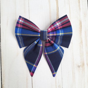 Plaid sailor bow for dog collar • Navy blue and pink plaid bow for girl dog or cat • Blue and pink sailor style pet bow
