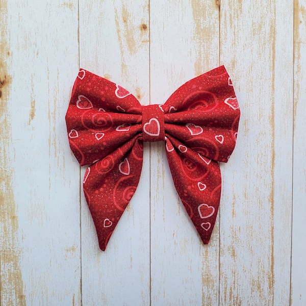 Valentine's Day sailor bow for dog collar • Red glitter dog sailor bow with pink hearts • Valentine girl dog accessories • Red sparkle bow