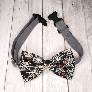 May include: A grey adjustable dog collar with a black and white bow tie featuring a spiderweb and orange pumpkin pattern.