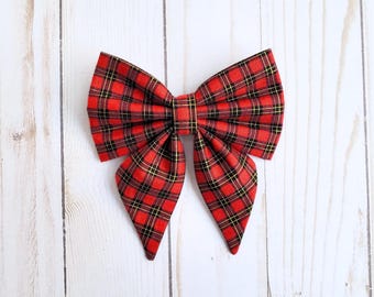 Red plaid Christmas dog bow • Red, black, & gold plaid Christmas sailor bow for dog collar • Holiday pet sailor bow tie • Winter puppy bow