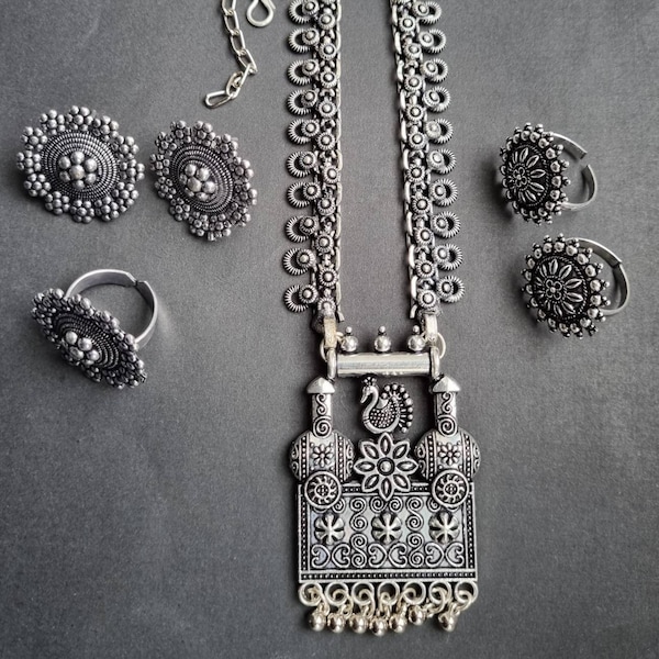 Oxidised Jewellery German Silver Traditional Pendant Long Necklace, Stud Earrings, Ring and Toe Rings Full Set