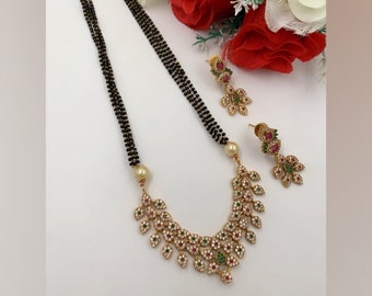Gold Plated Black Beads Mangalsutra Pendant Set With Sparkling