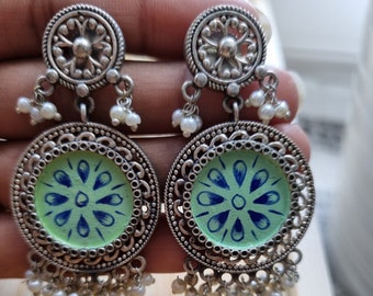 German Silver Oxidised Jewellery Designer Handpainted Stud Jhumka Dangle Earrings|Fancy Colourful Oxidised Silver Earrings Indian Party Wear
