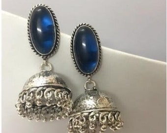 Beautiful Oxidised Silver Oval Stone Colour Stud Jhumka/Jhumki Earrings | Indian Traditional Jewellery | German Silver Oxidised Jewellery