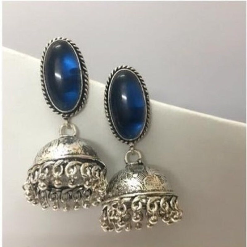 Maroon - Antique Silver Finish Oxidised Stone Work Jhumka Earrings 165