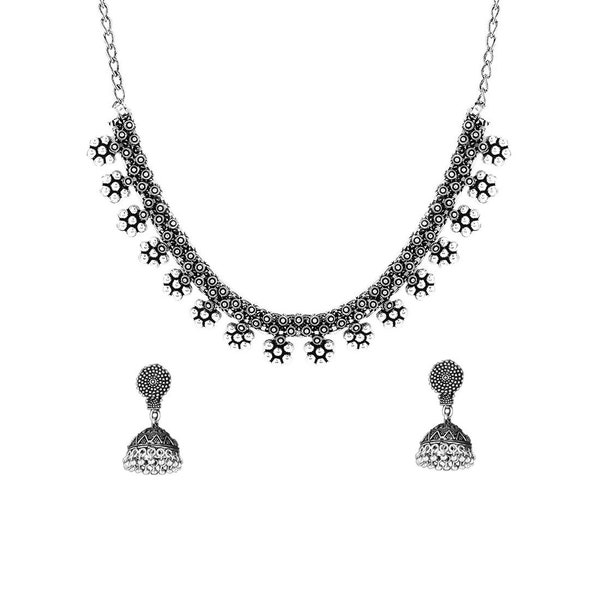 Floral Design German Silver Kolhapuri Choker Necklace Set with Jhumka Earrings | Traditional Indian Oxidised Jewellery