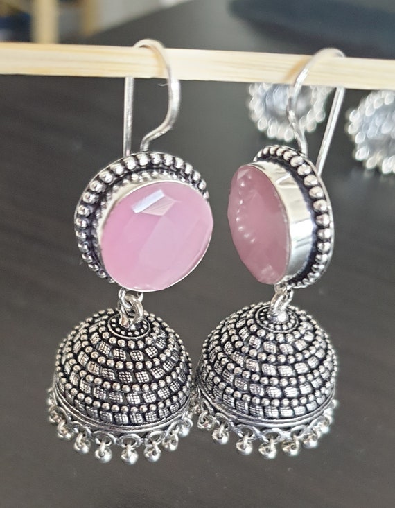 Oxidised Silver Jewellery Colour Crystal Hook Jhumka jhumki