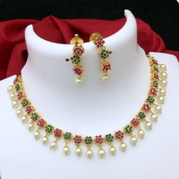 Designer Premium Quality Microplated Kemp Stone Choker Necklace with Pearls & Stud Jhumka Set |Indian Wedding/Bridal Fancy Jewellery