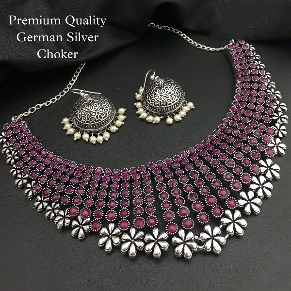 German Silver Designer Pink Choker Necklace with Hook Jhumka Earrings | Traditional Indian Jewellery | Oxidised Silver Choker Set