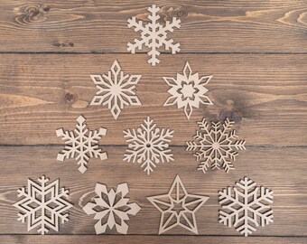Christmas Snowflake Wood Tree Ornaments - Set of 10 - Laser Cut Unfinished Wood Cutout Shapes - Different Combination Snowflakes Set 2