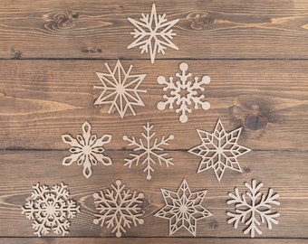 Christmas Snowflake Wood Tree Ornaments - Set of 10 - Laser Cut Unfinished Wood Cutout Shapes - Different Combination Snowflakes Set 3