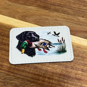 Duck Dog Mallard Leatherette Patch, UV Printed Iron-On Applique (3X2")