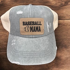 Baseball Mama Women&#39;s Criss Cross Hat, gift for mom, distressed, mesh back, ponytail hat, laser engraved, customizable hat and patch color