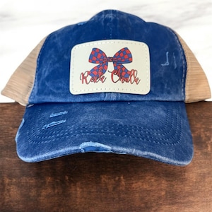 UV Printed Rock Chalk Bow Women&#39;s Criss Cross Hat, distressed hat, KU inspired, customizable, ponytail hat, college basketball hat for her