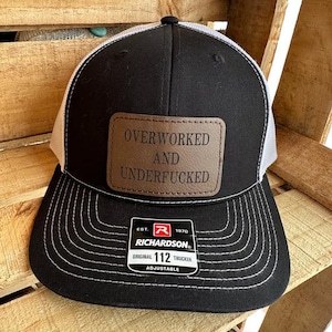 Overworked Men's Richardson 112 Trucker Hat, Leatherette Patch, Funny