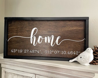 Framed Farmhouse Coordinate Sign , Latitude Longitude GPS Custom Sign , Personalized Wood Wall Decor for Home or Cabin or Housewarming Gift