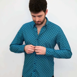 Men's 100% cotton long sleeved blue patterned shirt slim fit