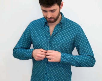 Men's 100% cotton long sleeved blue patterned shirt slim fit