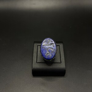 OLD UNIQUE HANDCRAFTED afghan silver plated ring with patterned Lapis lazuli stone