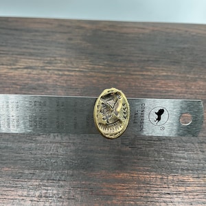 May include: A small, antique brass oval-shaped button with a detailed relief of a classical figure. The button is placed on a metal ruler with conversion table measurements in inches and fractions. The ruler is on a wooden surface.