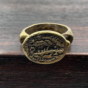 Ancient Vintage Gold Plated Brass Signet Ring with Antique Script Engraving