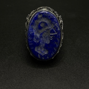 OLD UNIQUE HANDCRAFTED afghan silver plated ring with gorgeous patterned lapis stone