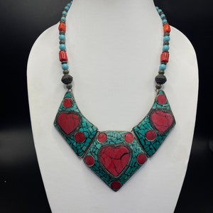 Vintage Tibetan Unique Necklace antique Red Coral and turquoise Stone
