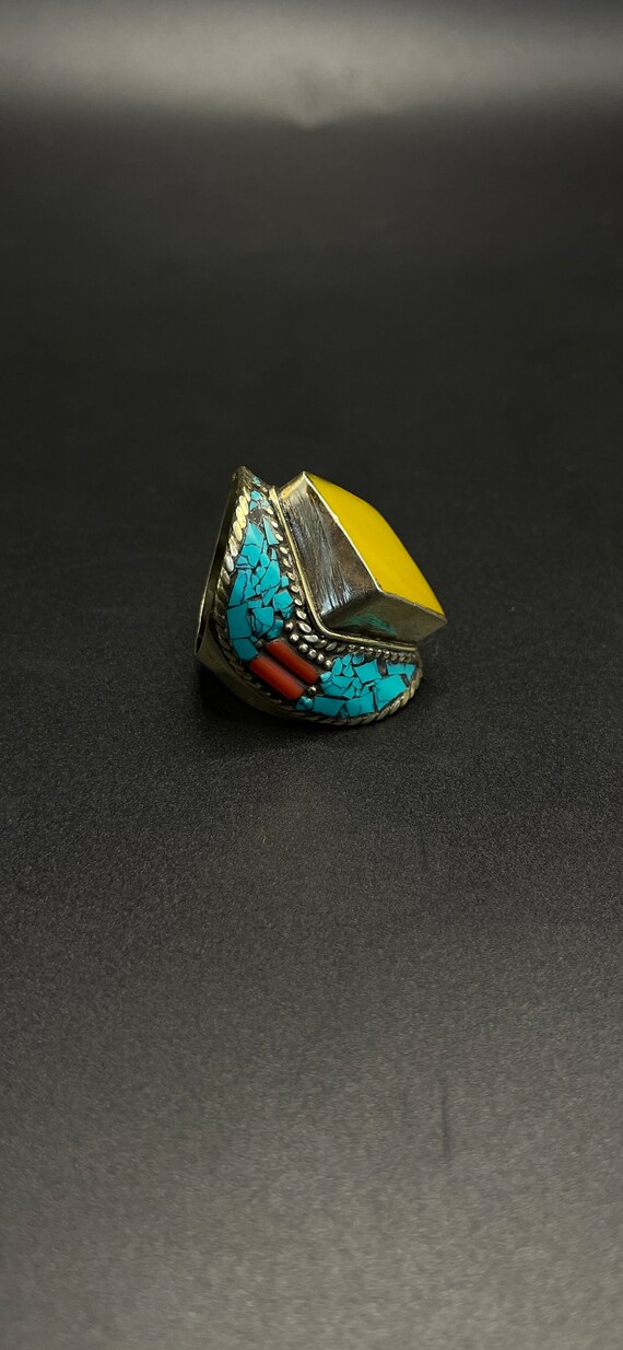 Handcrafted Vintage nepalese silver plated ring w… - image 2