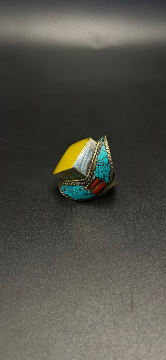 Handcrafted Vintage nepalese silver plated ring w… - image 4