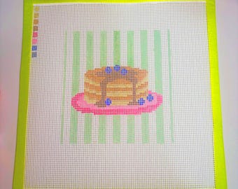 Hand Painted Pancake Needlepoint Canvas | 14 Mesh Count Food Design, Preppy Striped Border