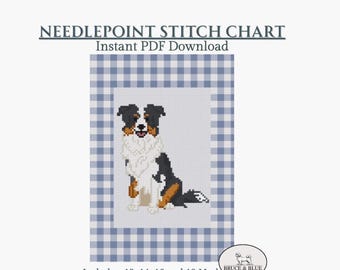 Pastor australiano: Patrón de bordado en lienzo para perro, plantilla de puntada/gráfico digital en PDF para descargar.