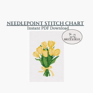 Yellow Tulips: Spring Floral Needlepoint Canvas Pattern, Stitch Template| Digital Chart PDF Download