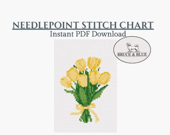 Tulipes jaunes : motif floral printanier sur toile, broderie printanière | Carte numérique à télécharger au format PDF