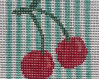 Hand Painted Cherry Needlepoint Canvas | 14 Count Mesh Food Needlepoint with Striped Border | Preppy Food Design