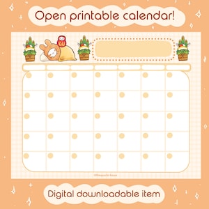 May include: A printable calendar featuring a cute cartoon rabbit sleeping with a red daruma doll and a traditional Japanese New Year's decoration. The calendar has a blank space for writing the month and year. The text "Open printable calendar!" and "Digital downloadable item" is also included.