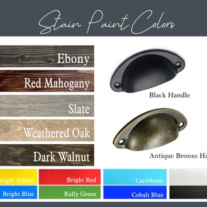 Puede incluir: Imagen que muestra una variedad de opciones de color de tinte y pintura. Incluye muestras de madera en &Eacute;bano, Caoba Roja, Pizarra, Roble Envejecido y Nogal Oscuro. Tambi&eacute;n presenta muestras de pintura en Amarillo Brillante, Rojo Brillante, Azul Brillante, Verde Kelly, Caribe, Azul Cobalto, Blanco y Negro. Se muestran dos estilos de manijas: Manija Negra y Manija Bronce Antiguo.