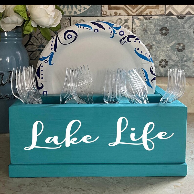 Personalized Compact Kitchen Caddy | Plate and Utensil Party Buffet Holder | Wood Picnic BBQ Organizer Storage Box