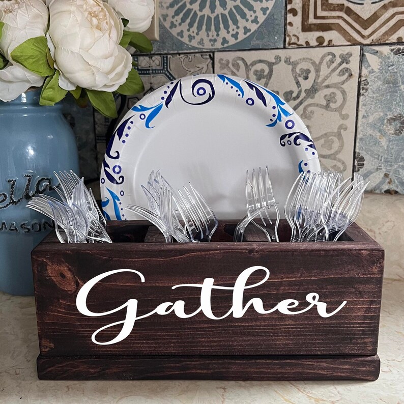 Personalized Compact Kitchen Caddy | Plate and Utensil Party Buffet Holder | Wood Picnic BBQ Organizer Storage Box