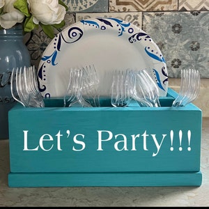 Personalized Compact Kitchen Caddy | Plate and Utensil Party Buffet Holder | Wood Picnic BBQ Organizer Storage Box