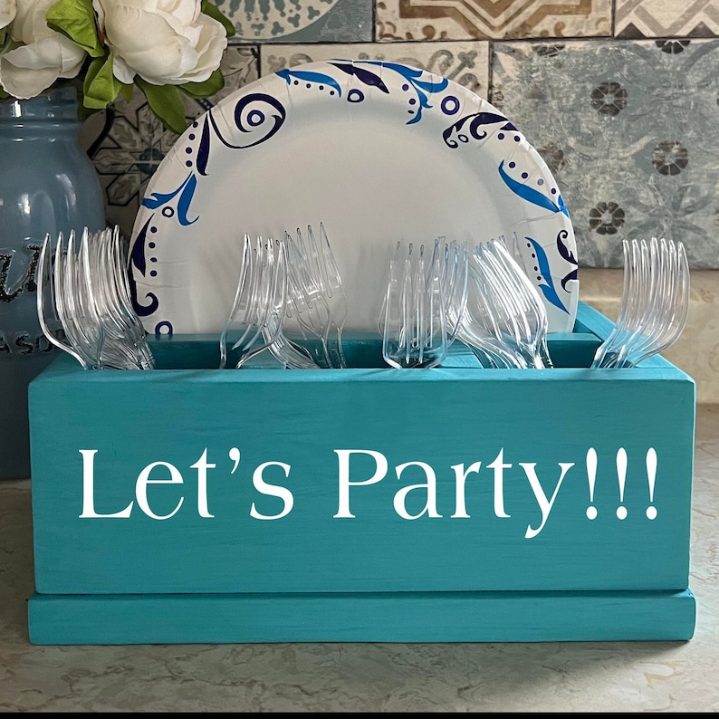 Personalized Compact Kitchen Caddy | Plate and Utensil Party Buffet Holder | Wood Picnic BBQ Organizer Storage Box