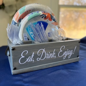 Personalized Compact Kitchen Caddy | Plate and Utensil Party Buffet Holder | Wood Picnic BBQ Organizer Storage Box