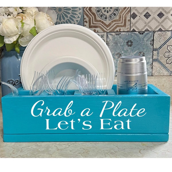 Let’s Eat Kitchen Plate Caddy | Plate, Solo Cup and Flatware Wood Holder | Custom Picnic BBQ Plate Silverware Storage | Housewarming Gift