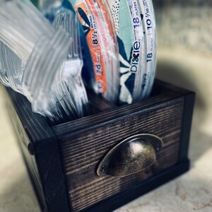 Personalized Compact Kitchen Caddy | Plate and Utensil Party Buffet Holder | Wood Picnic BBQ Organizer Storage Box