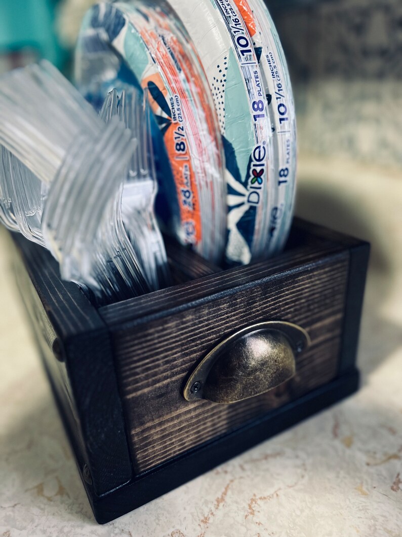 Personalized Compact Kitchen Caddy | Plate and Utensil Party Buffet Holder | Wood Picnic BBQ Organizer Storage Box