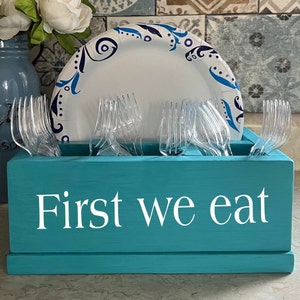Personalized Compact Kitchen Caddy | Plate and Utensil Party Buffet Holder | Wood Picnic BBQ Organizer Storage Box