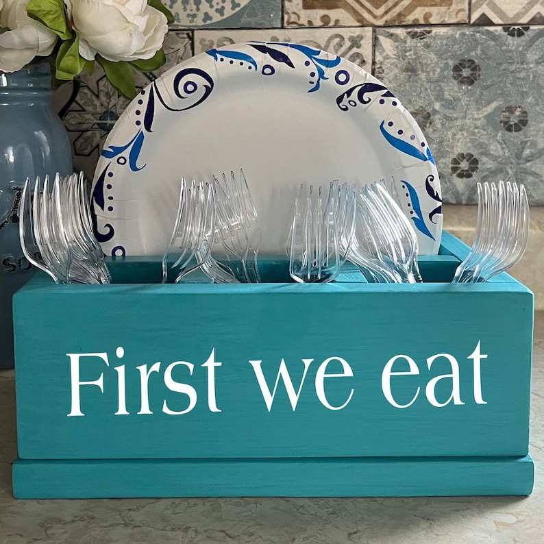 Personalized Compact Kitchen Caddy | Plate and Utensil Party Buffet Holder | Wood Picnic BBQ Organizer Storage Box