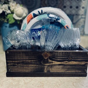 Personalized Compact Kitchen Caddy | Plate and Utensil Party Buffet Holder | Wood Picnic BBQ Organizer Storage Box