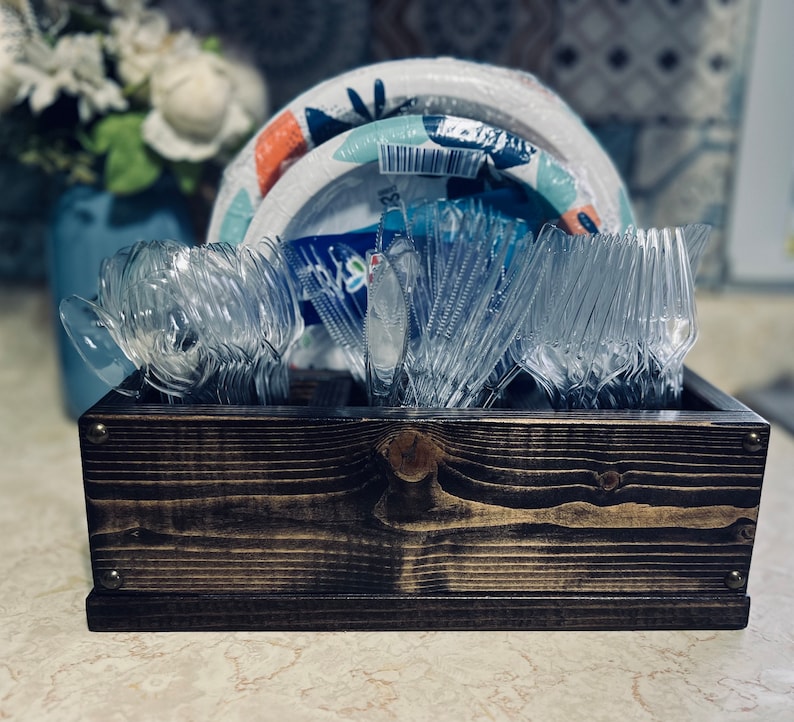 Personalized Compact Kitchen Caddy | Plate and Utensil Party Buffet Holder | Wood Picnic BBQ Organizer Storage Box